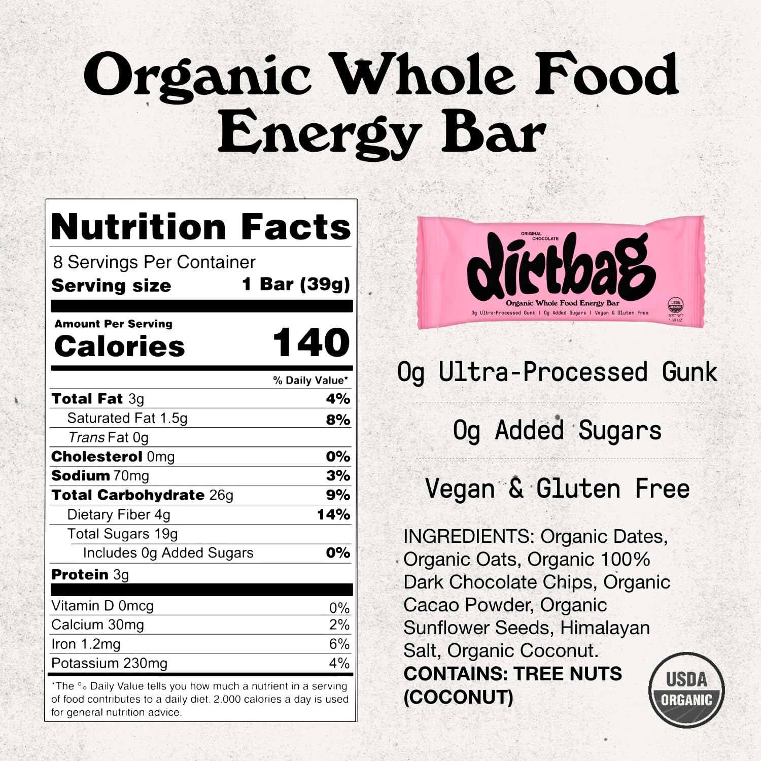 Dirtbag Bar con dátiles, avena y nueces para snack natural en ruta