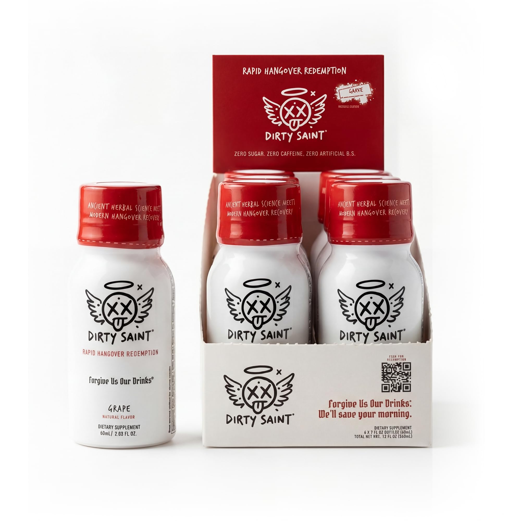 DIRTY SAINT dosis 2oz sabor uva: hidratación rápida al despertar.