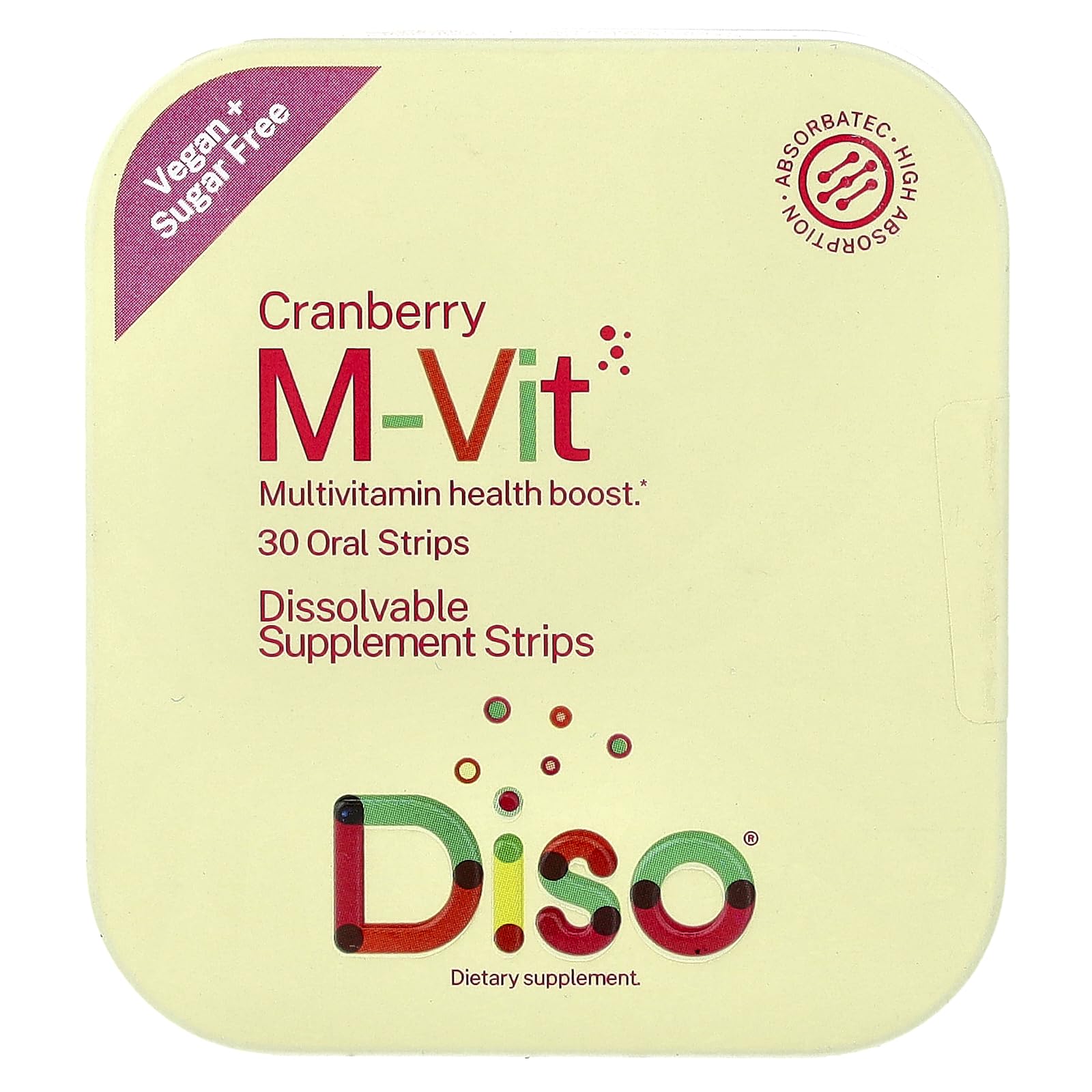 Tiras DISO M-VIT que se disuelven en la lengua para absorción rápida.