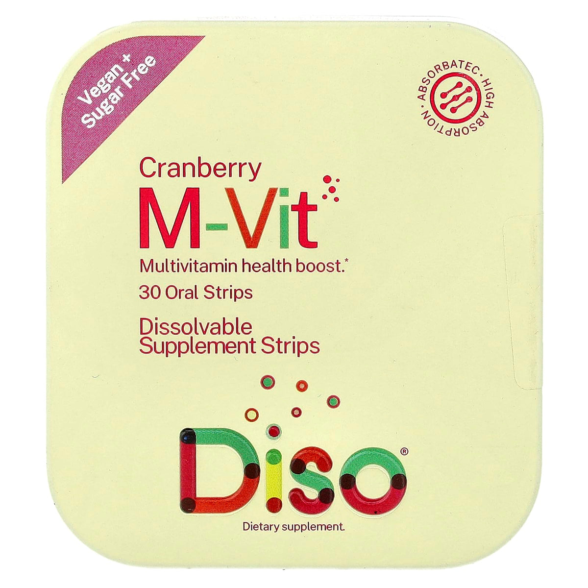Tiras DISO M-VIT que se disuelven en la lengua para absorción rápida.