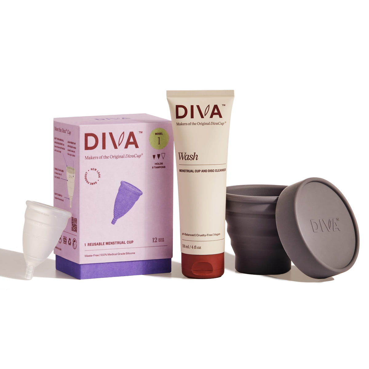 Conjunto DIVA Cup Pack lavado y agitador, vista frontal para uso diario