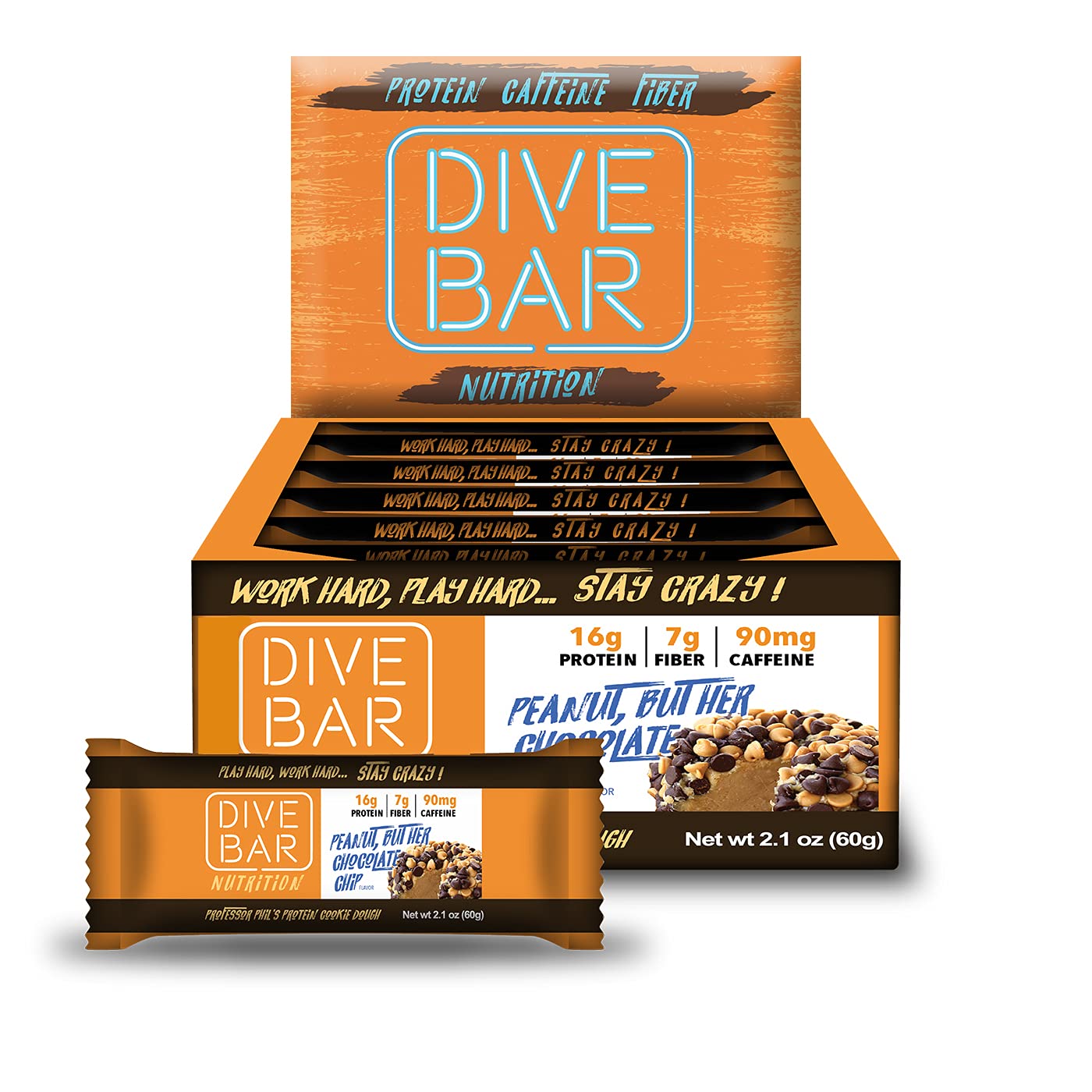 Barras Dive Bar Nutrition: empaque frontal, snack alto en proteína para energía diaria.