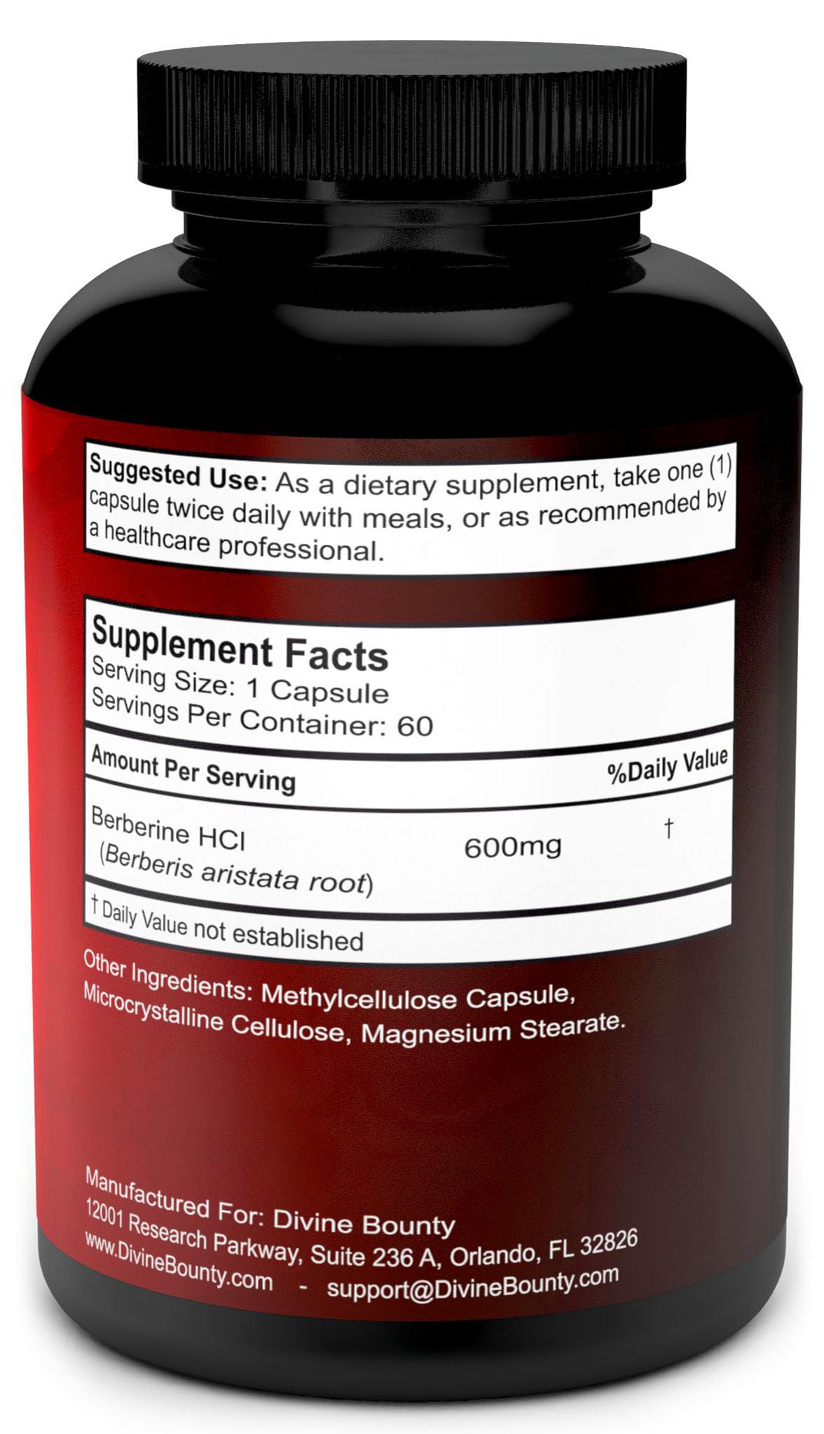 Divine Bounty berberina HCl 600 mg, formato práctico para consumo diario.