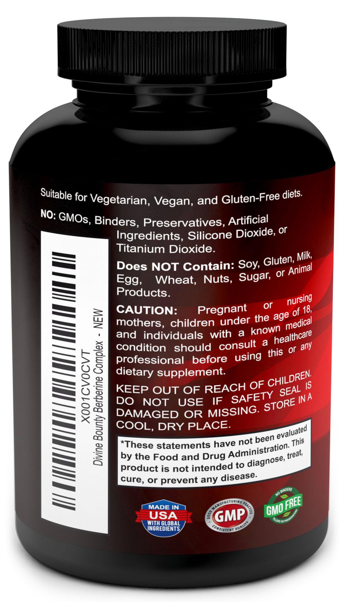 Divine Bounty botella de berberina 600 mg para dosis diaria.