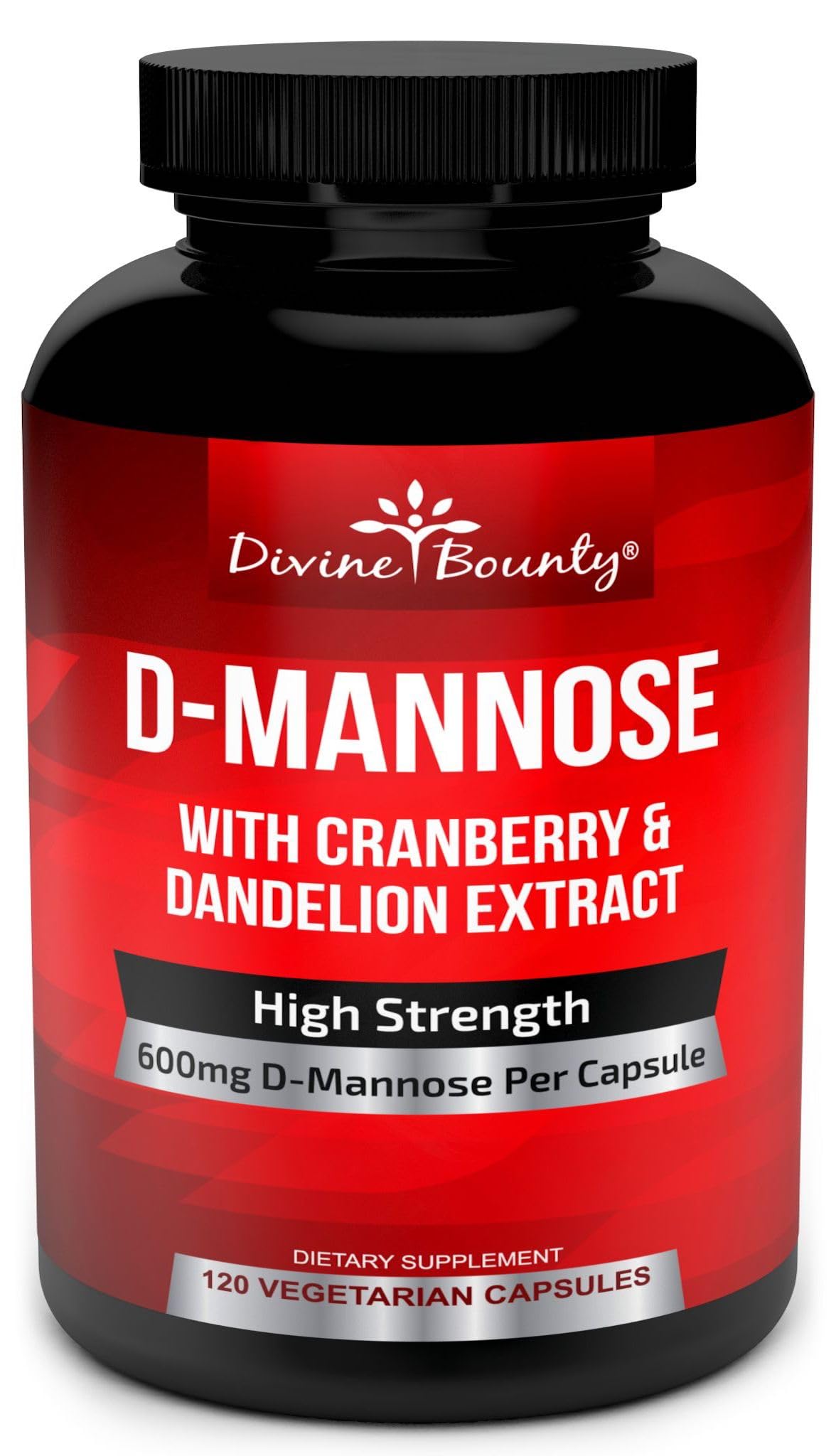 Divine Bounty D-Mannose: cápsulas 600 mg en botella para apoyo diario del tracto urinario.
