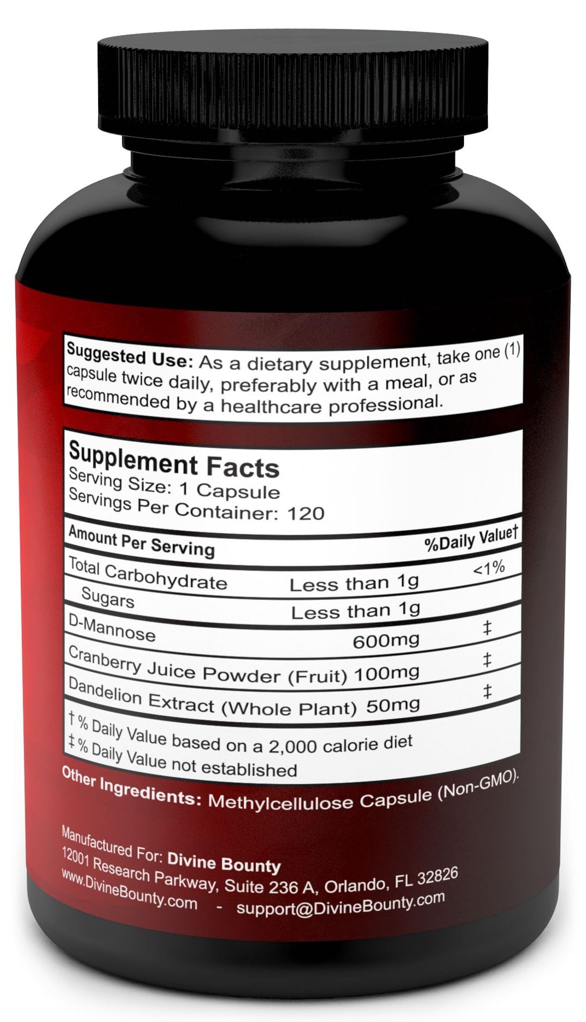 Divine Bounty D-Mannose 600 mg con arándano y diente de león; fórmula limpia.