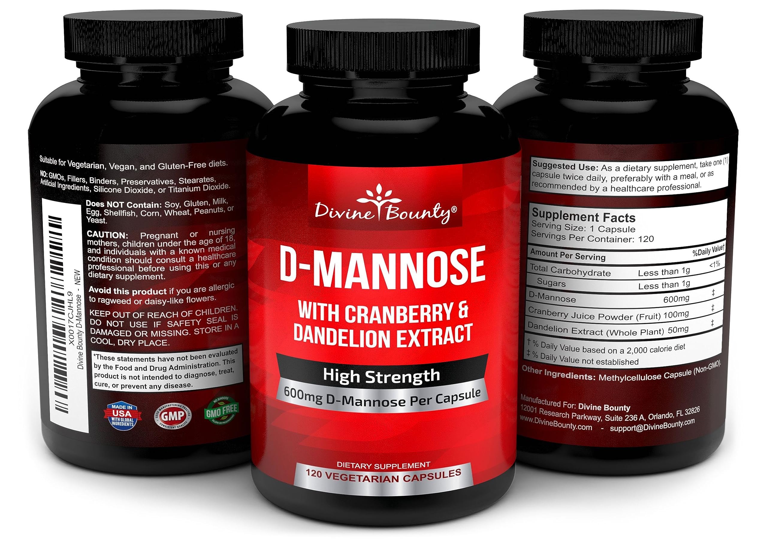 Divine Bounty etiqueta: información clara sobre D-Mannosa 600 mg y arándano.