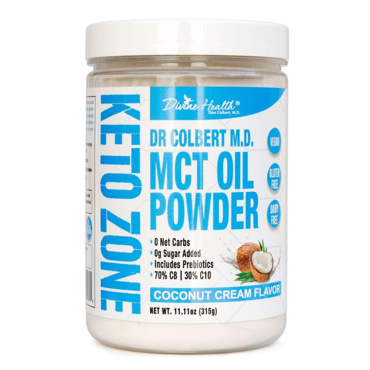 Dr. Colbert MCT polvo sabor crema de coco de Divine Health, ideal para batidos cetogénicos.