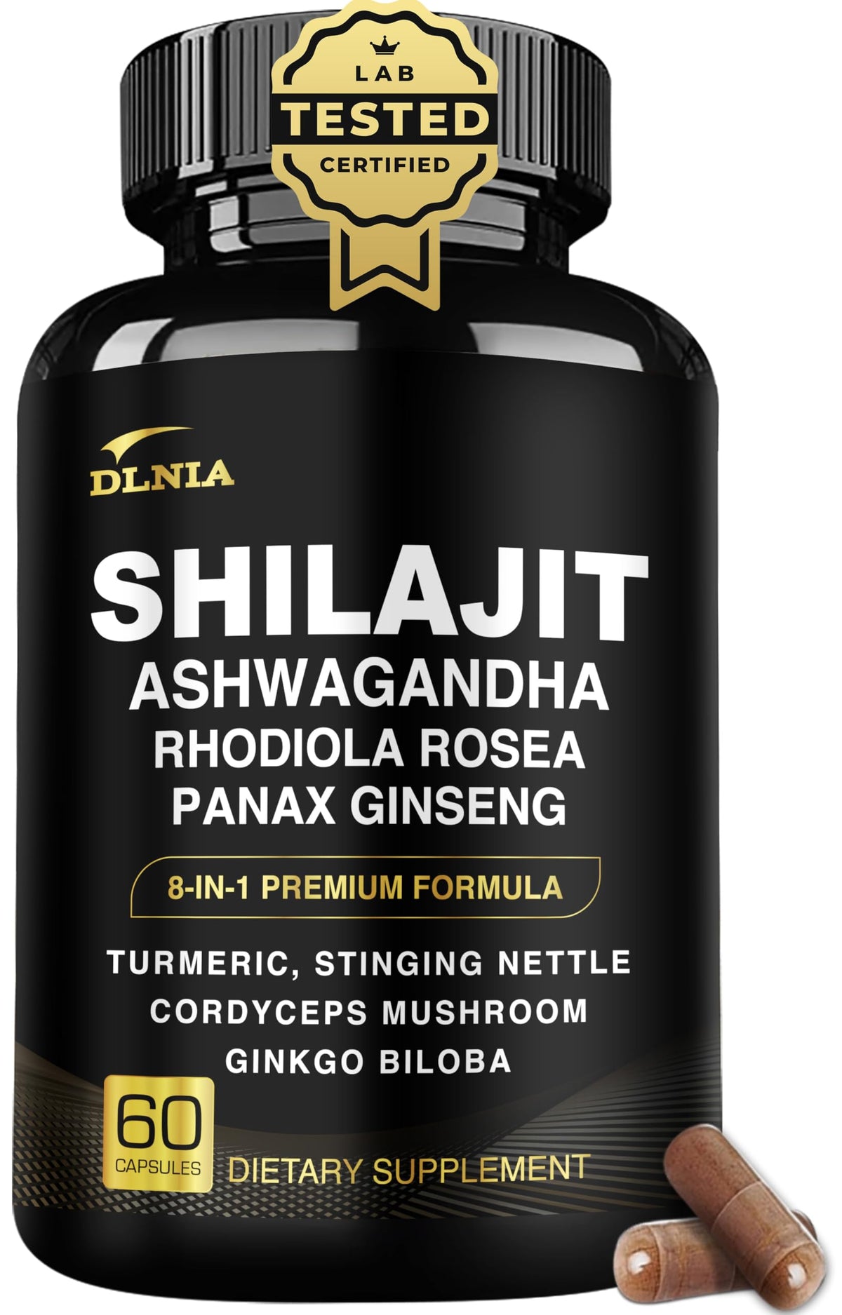 DLNIA 8-en-1 Shilajit: cápsulas para energía diaria y vitalidad natural.