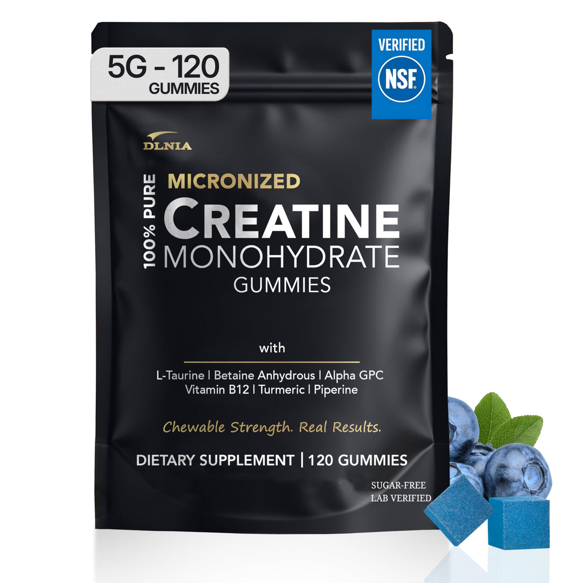 DLNIA Creatina Monohidrato gomas sabor arandano en empaque, comodidad para entrenar.