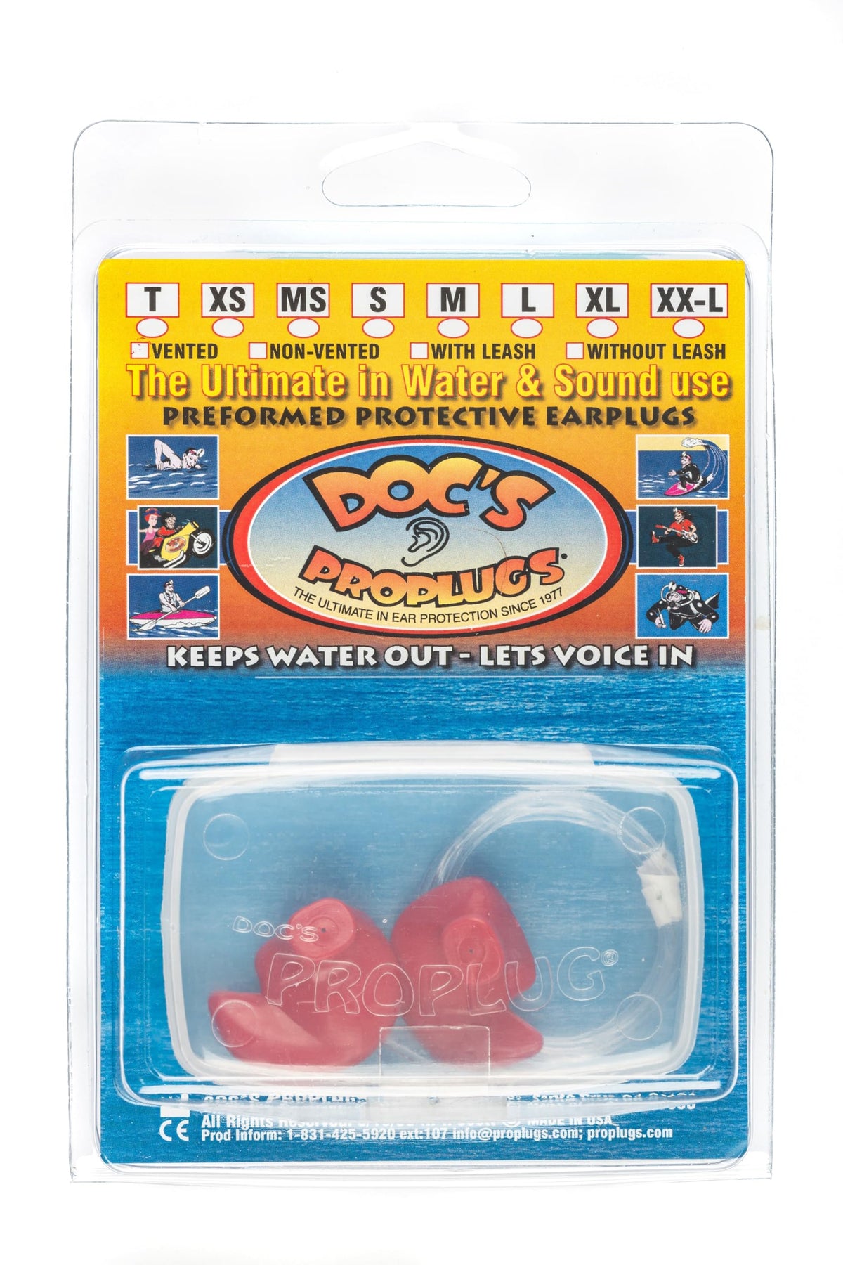 Doc's Proplugs grande ventilado rojo, frente, diseño cómodo para uso acuático.