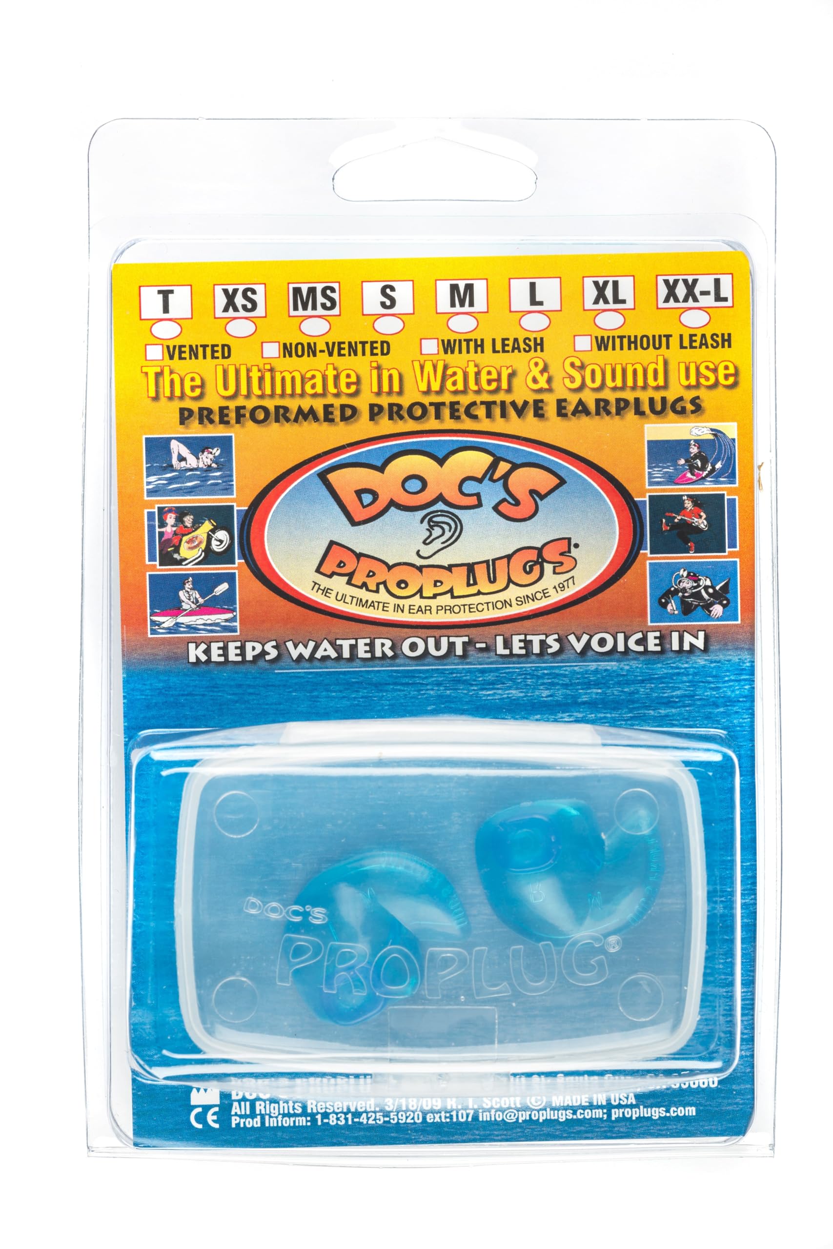 Doc's Proplugs pequeños no ventados azules para natación, bloqueo de agua y comodidad.