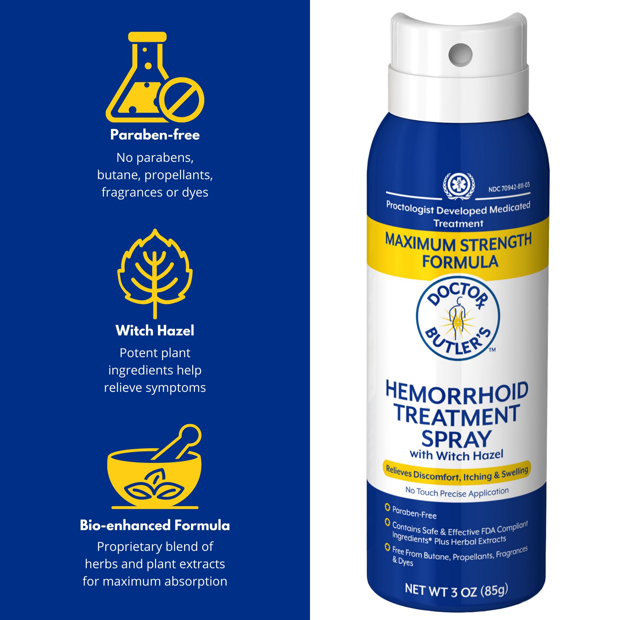 Doctor Butler's Hemorroides aerosol, aplicación sin contacto para higiene rápida.