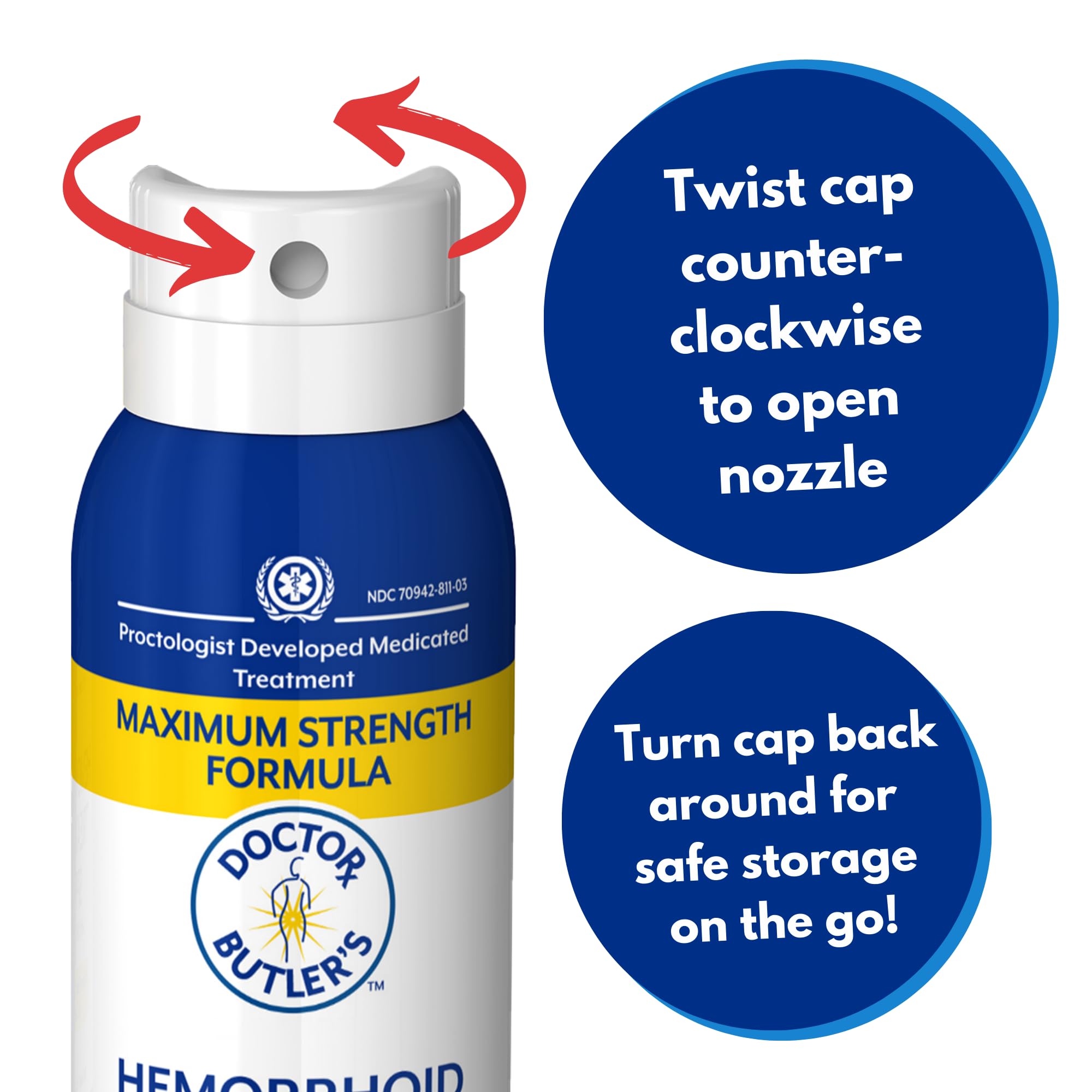 Doctor Butler's Hemorroides aerosol, hecho en Estados Unidos.