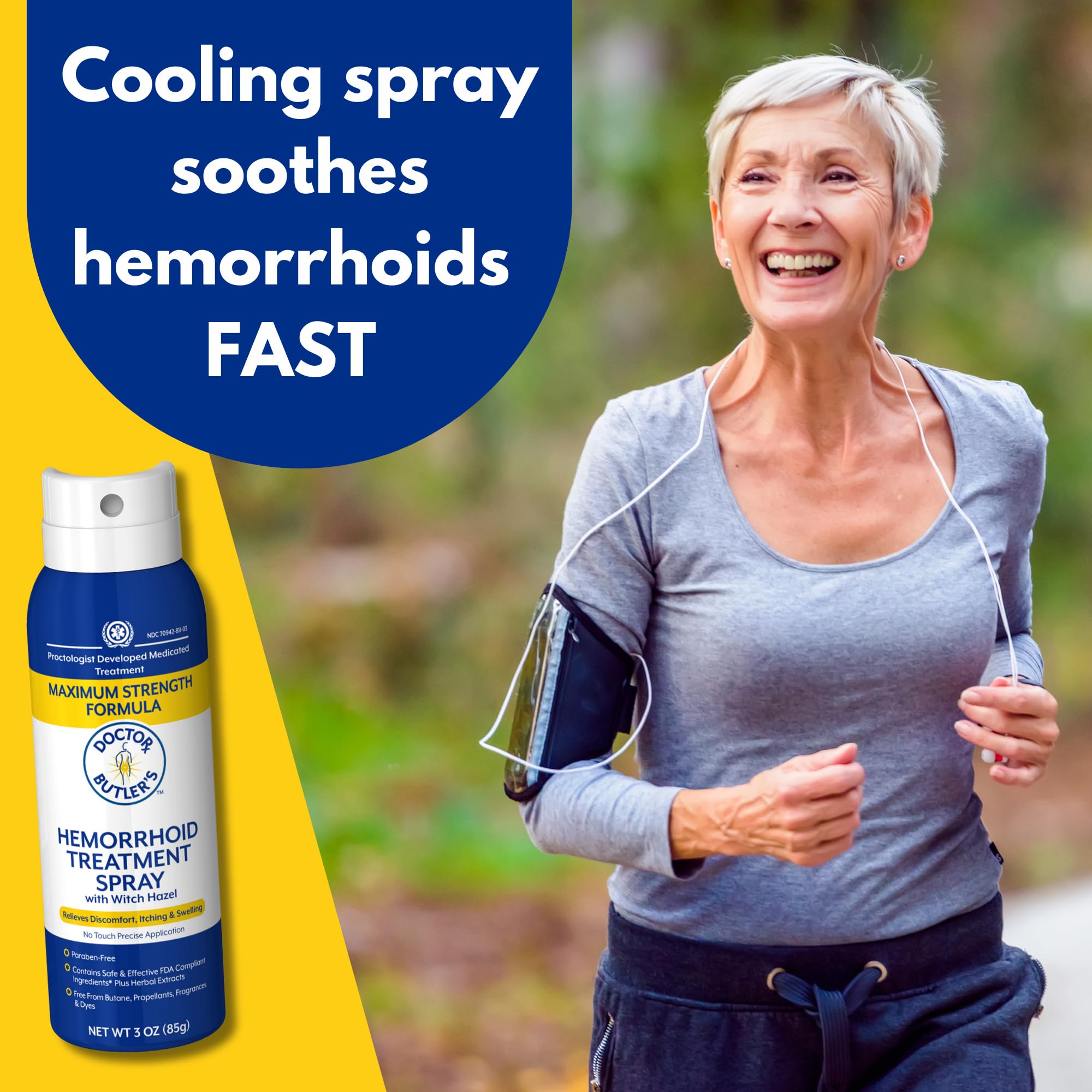 Doctor Butler's Hemorroides aerosol, pulverización continua para uso preciso.
