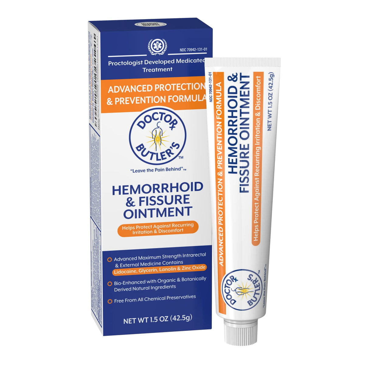 Doctor Butler's ungüento para hemorroides, empaque visible, alivio potencial y uso cómodo.