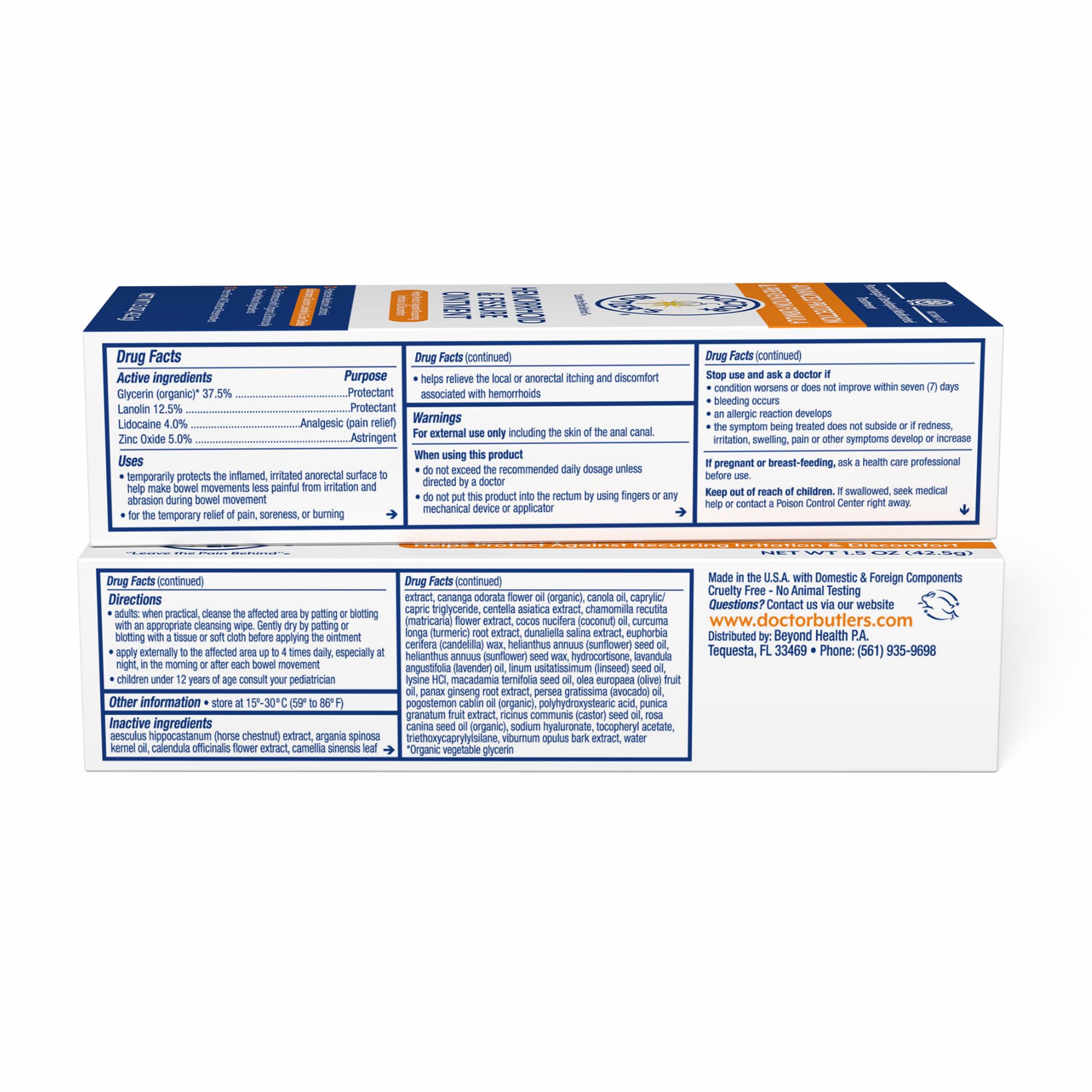 Doctor Butler's ungüento hemorroides hecho en EE UU, control de calidad y seguridad.