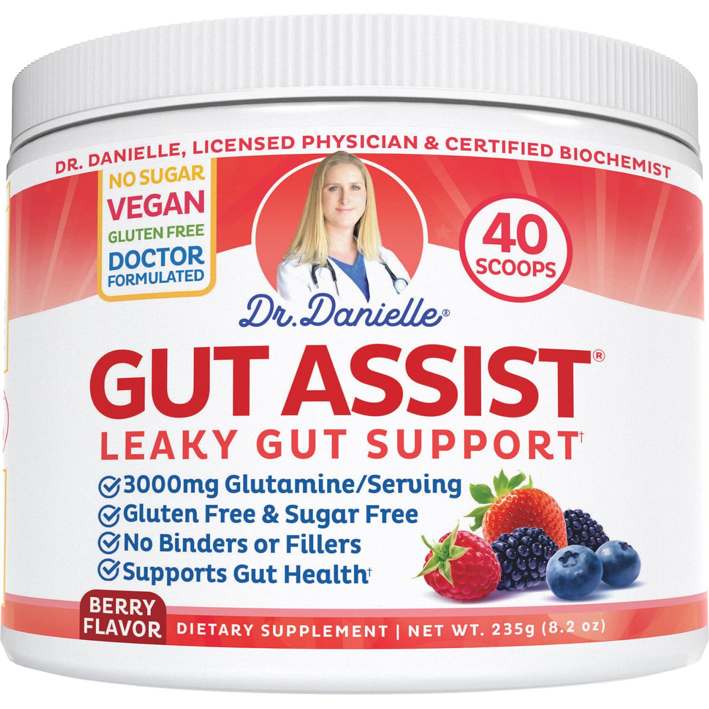 Botella de Doctor Danielle Leaky Gut Support, sabor frambuesa, apoyo digestivo diario.