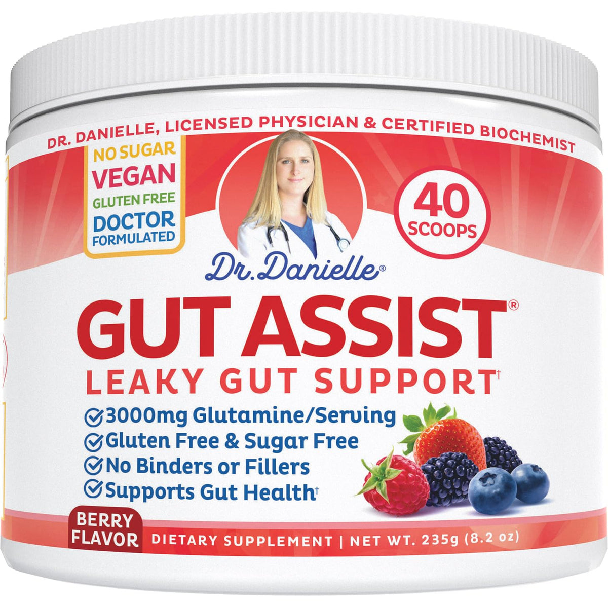 Botella de Doctor Danielle Leaky Gut Support, sabor frambuesa, apoyo digestivo diario.