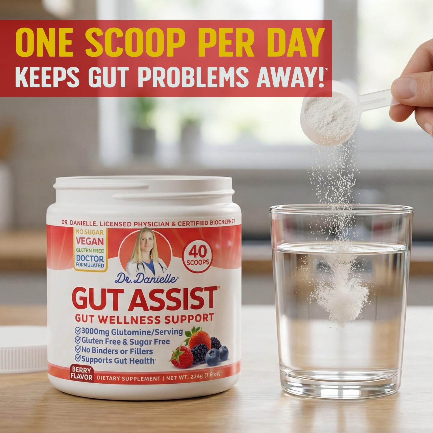 Dosificador de Doctor Danielle Leaky Gut Support, dosis convenientes para uso diario.
