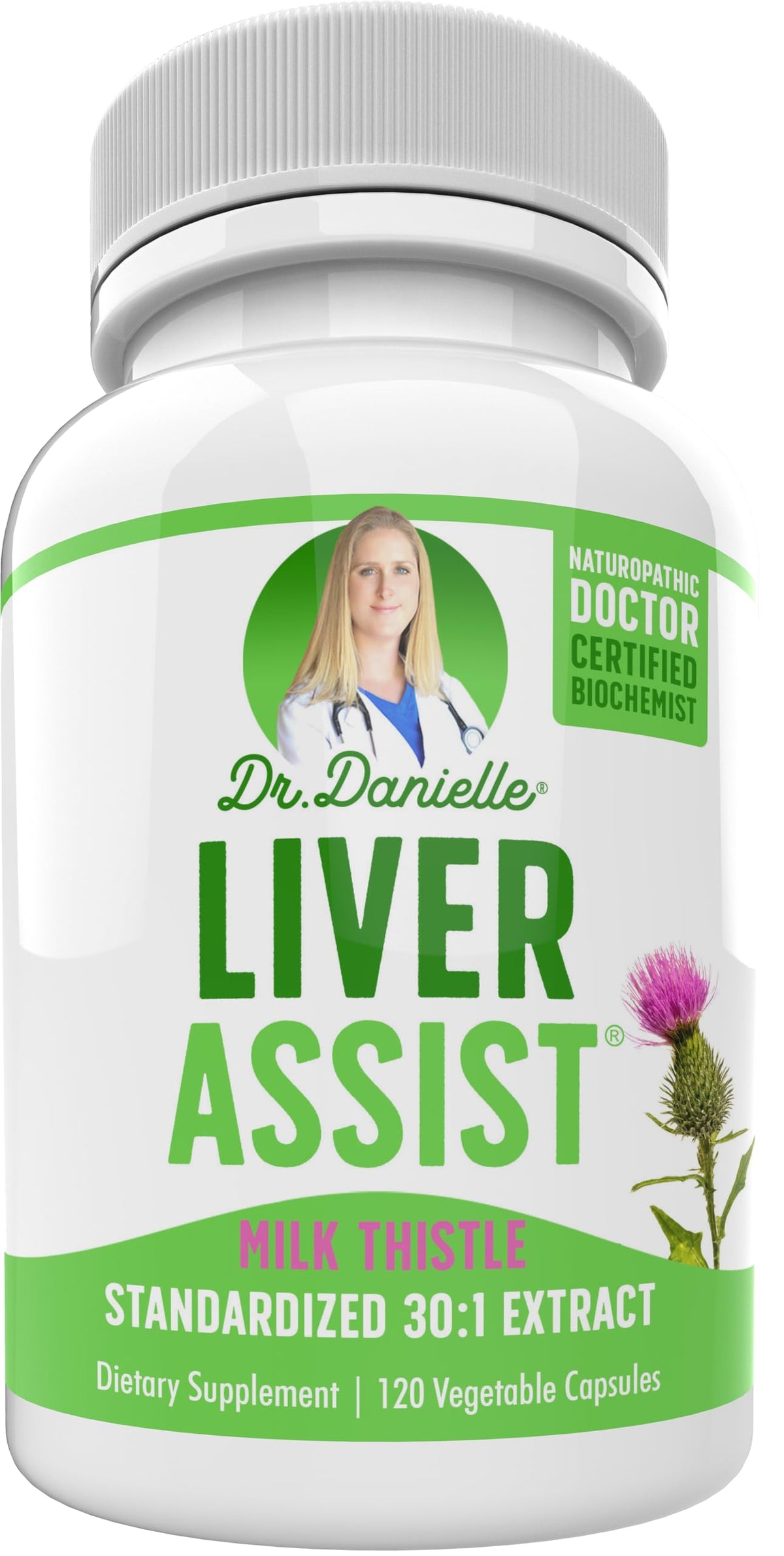 Doctor Danielle Liver Assist: botella vertiendo, apoyo diario para el hígado.
