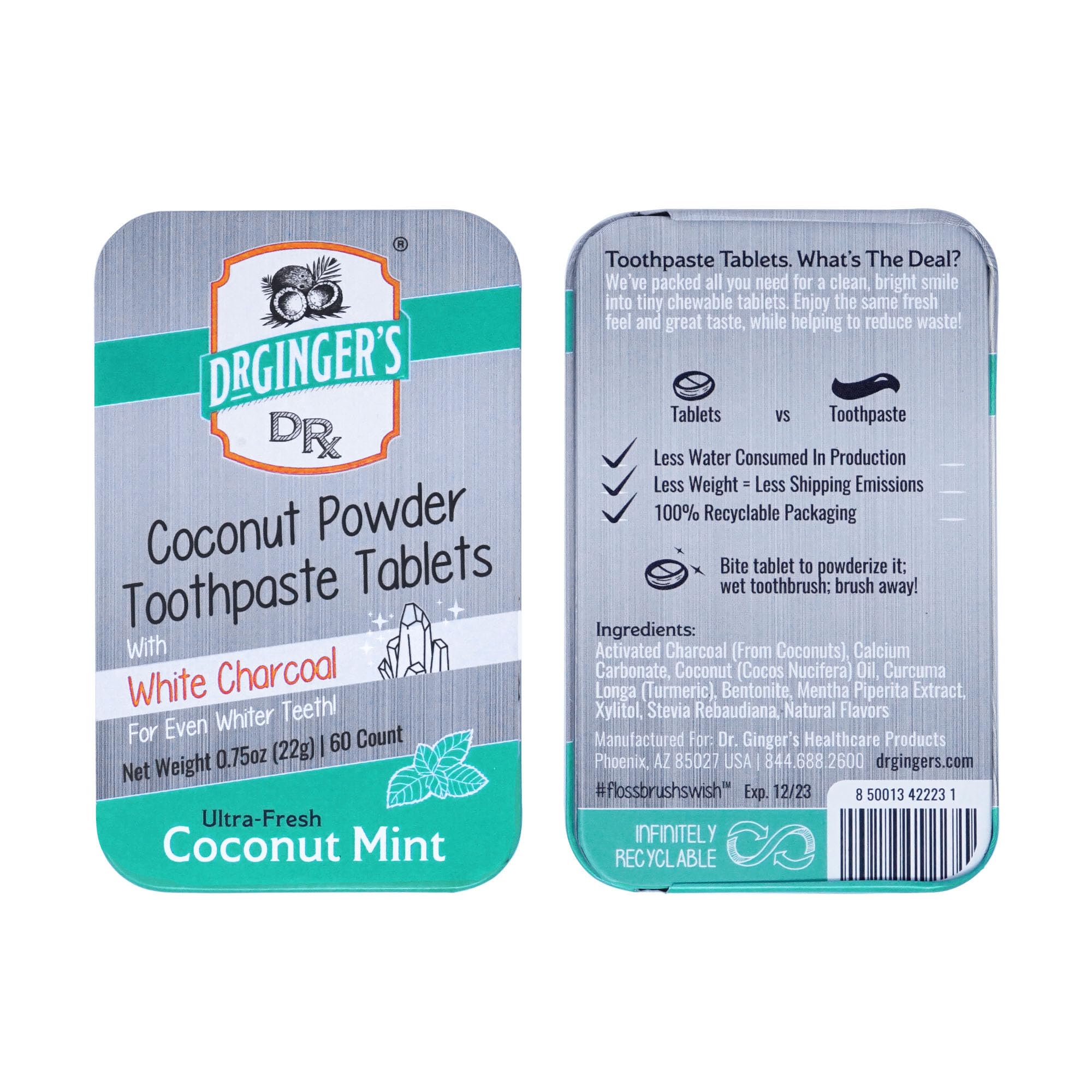 Tabletas dentales Doctor Ginger's con coco menta para aliento fresco.