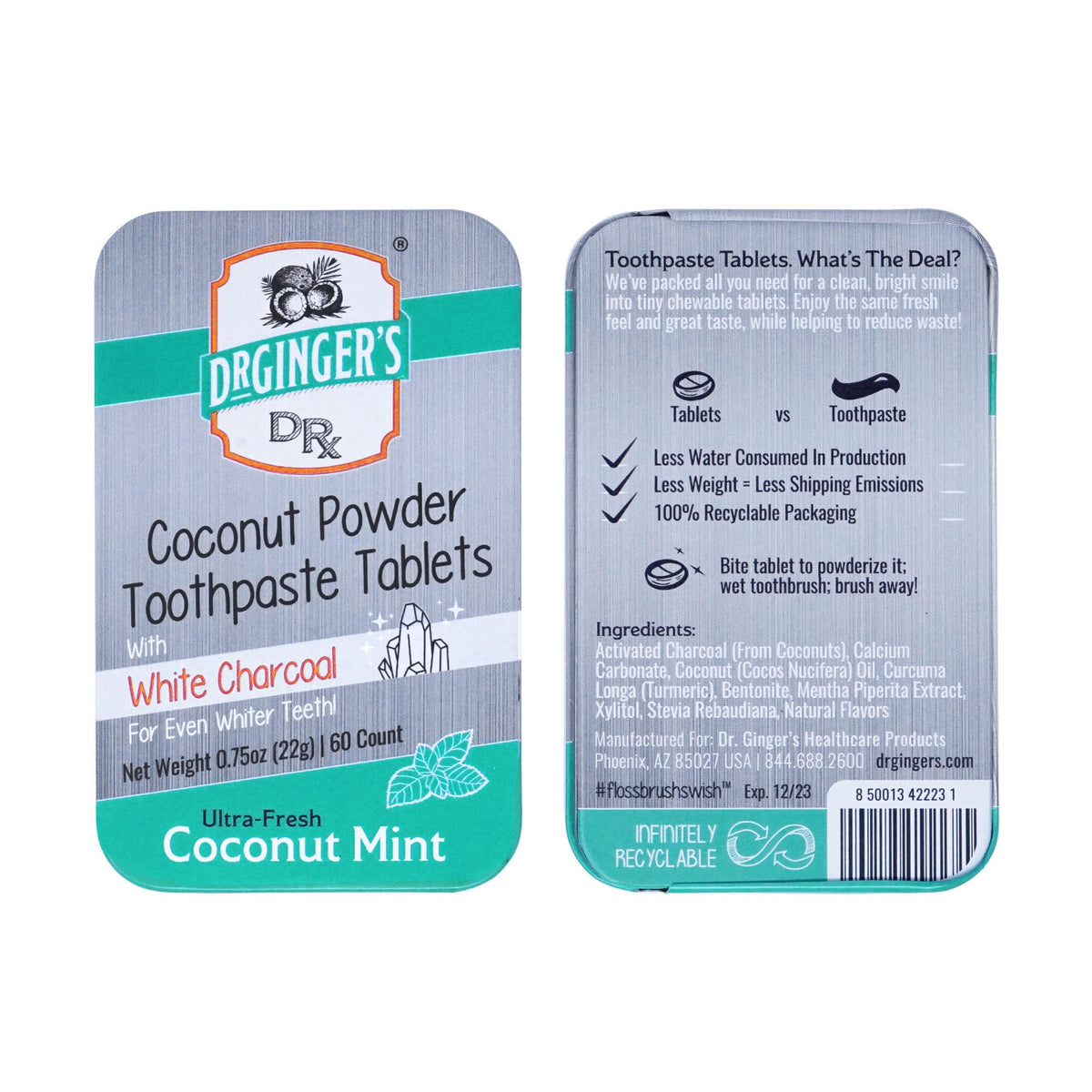 Tabletas dentales Doctor Ginger's con coco menta para aliento fresco.
