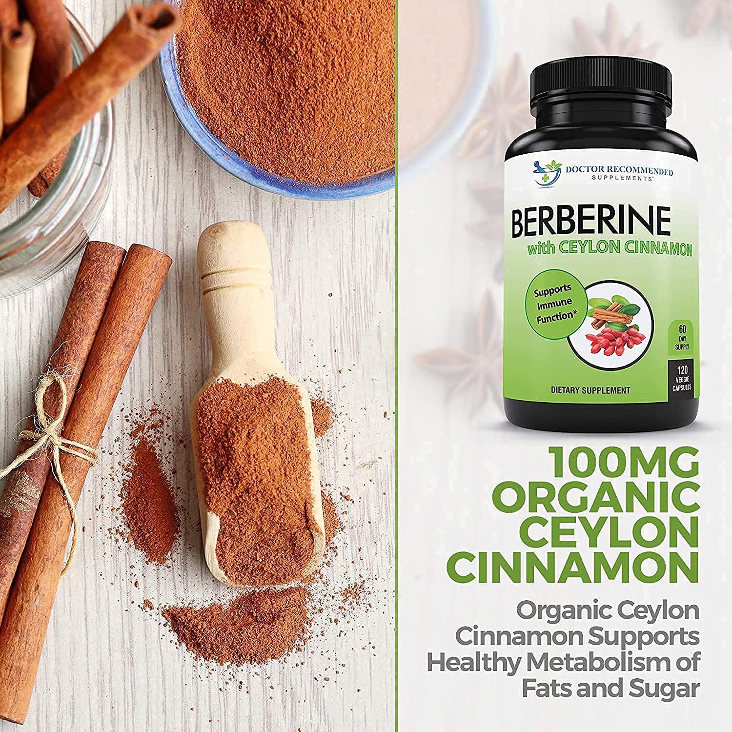 DOCTOR RECOMMENDED SUPPLEMENTS Etiqueta del producto con berberina y canela.