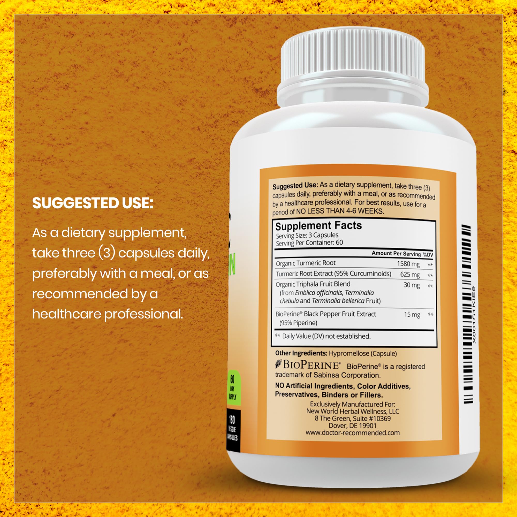 DOCTOR RECOMMENDED SUPPLEMENTS Cápsulas veganas de curcuma orgánica para uso diario.