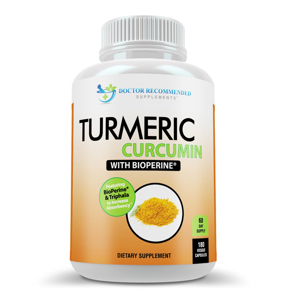 DOCTOR RECOMMENDED SUPPLEMENTS Curcuma con BioPerine para mejor absorción en envase de 180 cápsulas.
