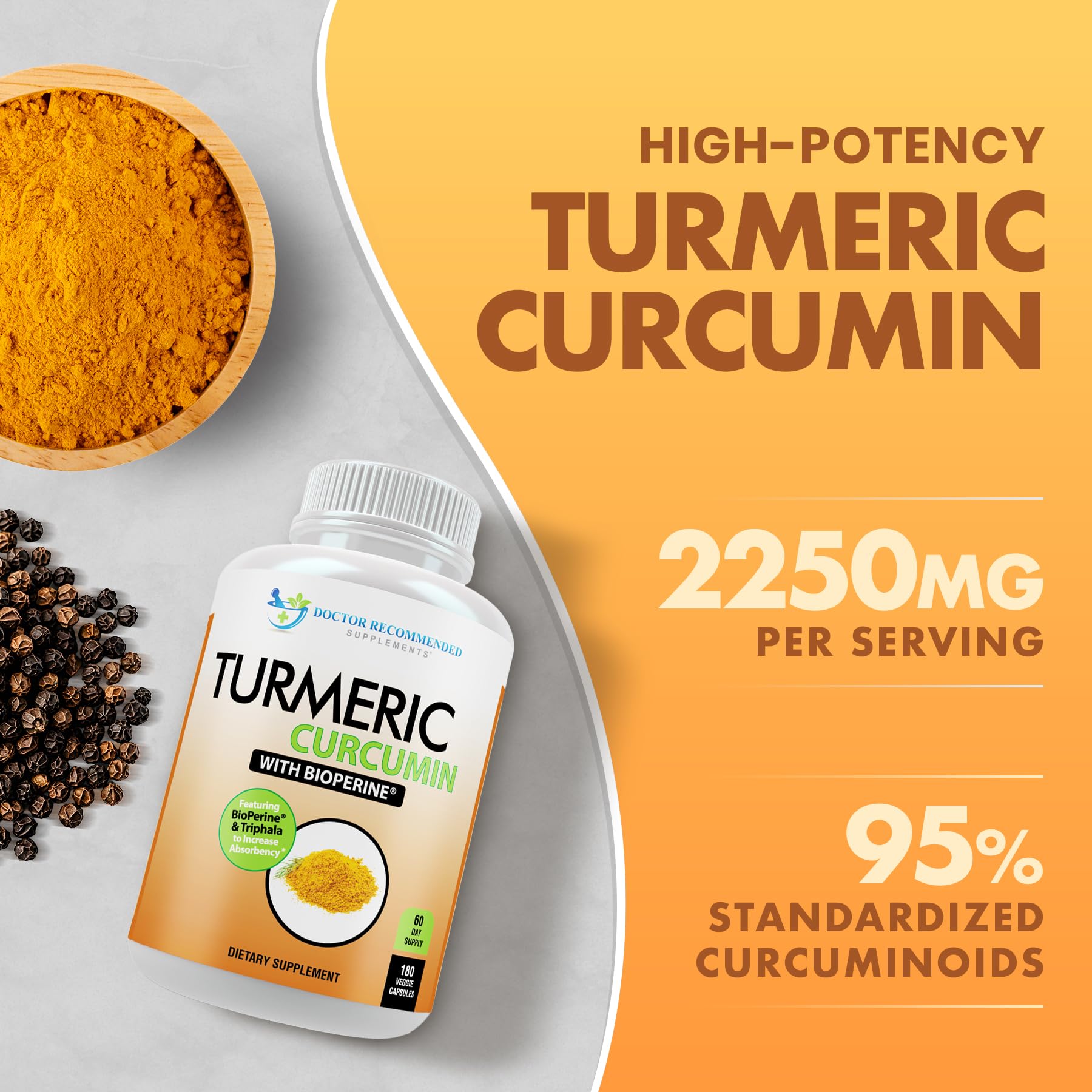 DOCTOR RECOMMENDED SUPPLEMENTS Envase orgánico con etiqueta clara y curcuminoides.