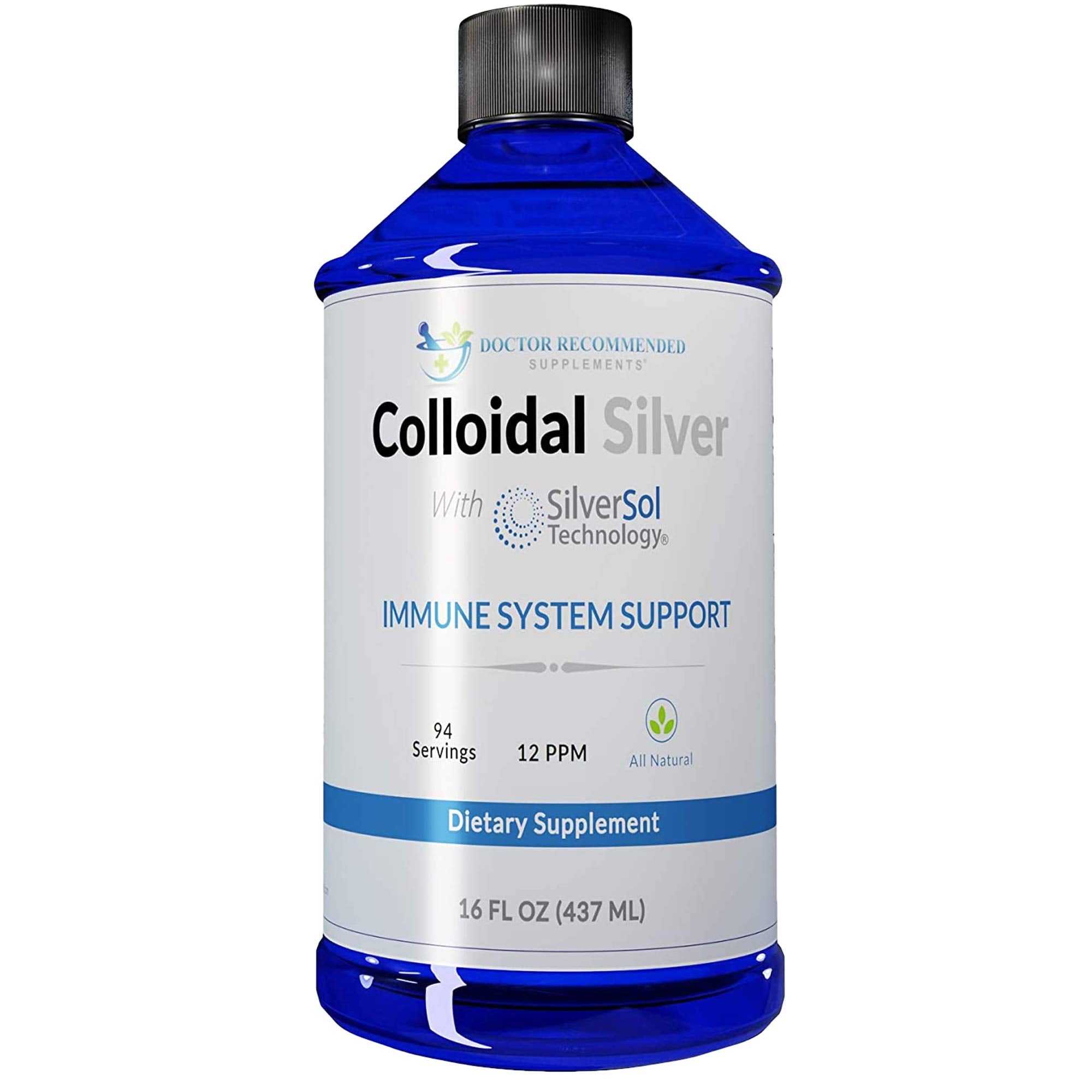 DOCTOR RECOMMENDED SUPPLEMENTS plata coloidal 12ppm en botella de 16 oz para uso diario seguro.