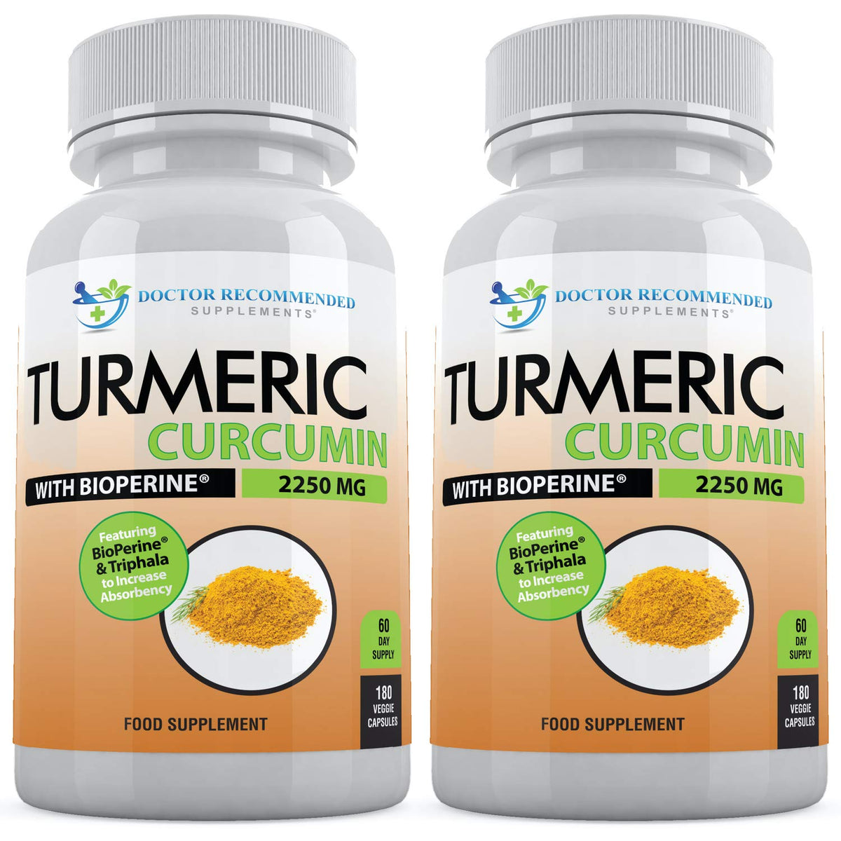 DOCTOR RECOMMENDED SUPPLEMENTS Turmeric Curcumin cápsulas frente, posible apoyo diario para bienestar.