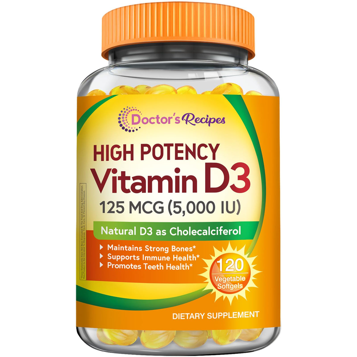 Doctor's Recipes Vitamina D3, botella, soporte diario para huesos y dientes.