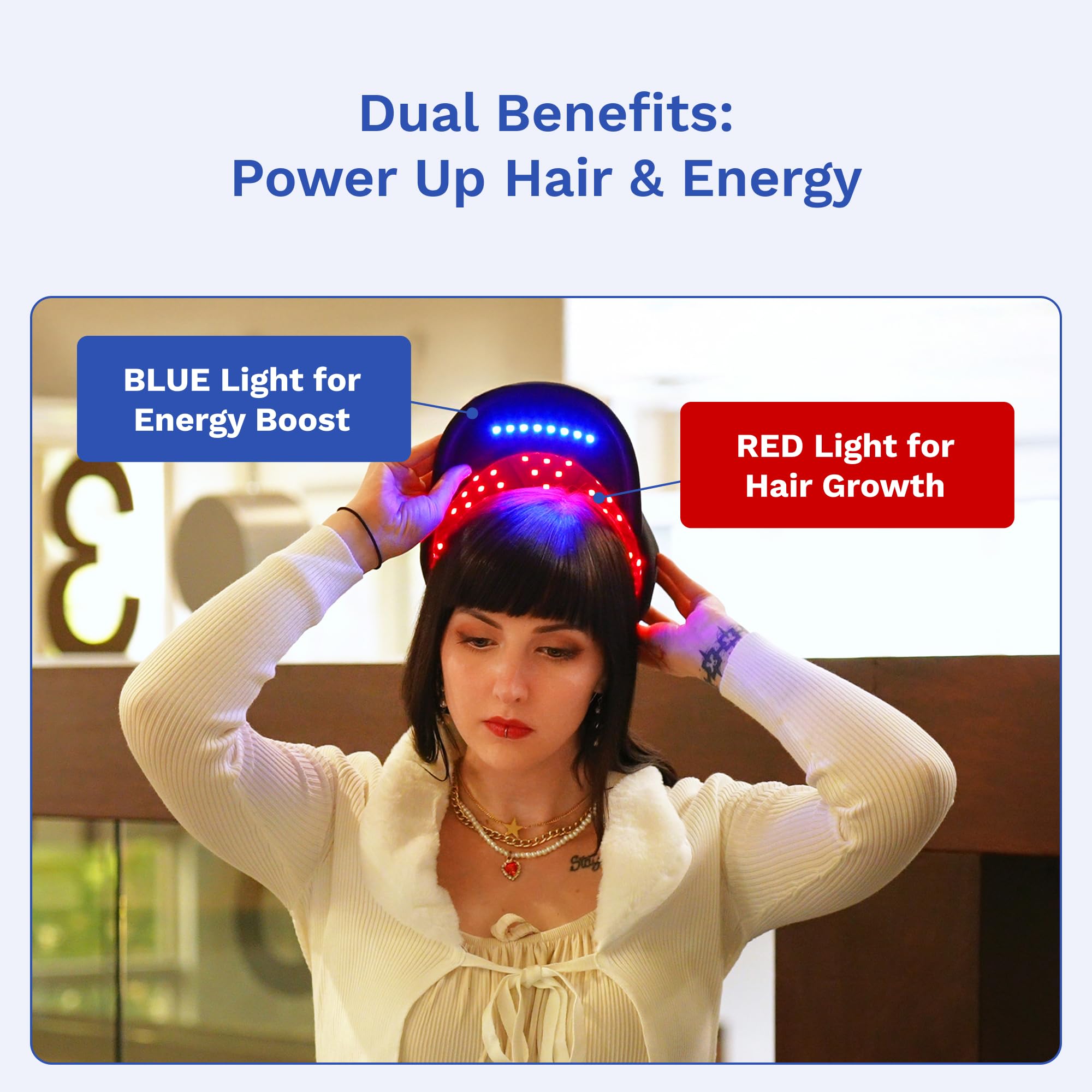 Cap DualGlow con luz azul para favorecer energía diaria y ritmo circadiano.