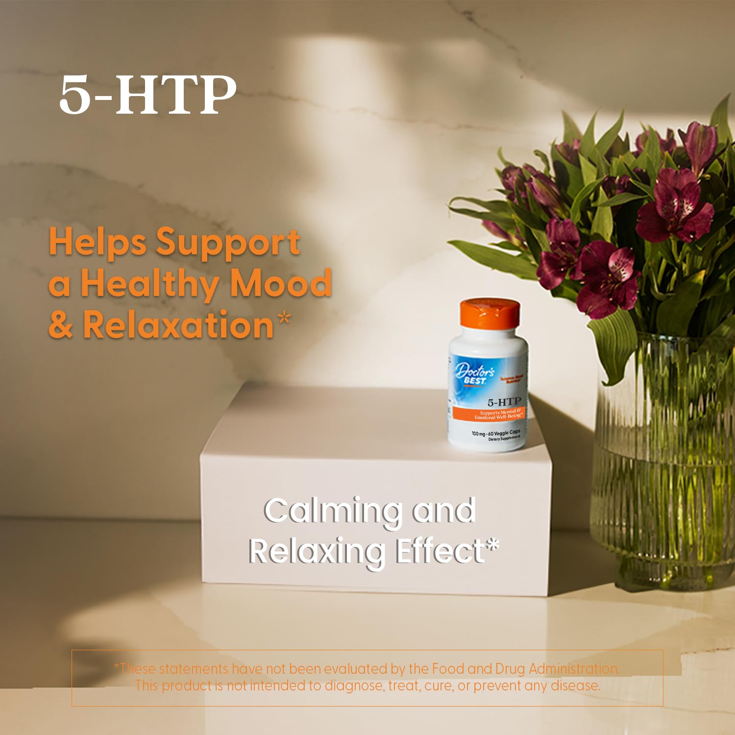 Escena de relajación nocturna con Doctor's Best 5-HTP y luz suave.