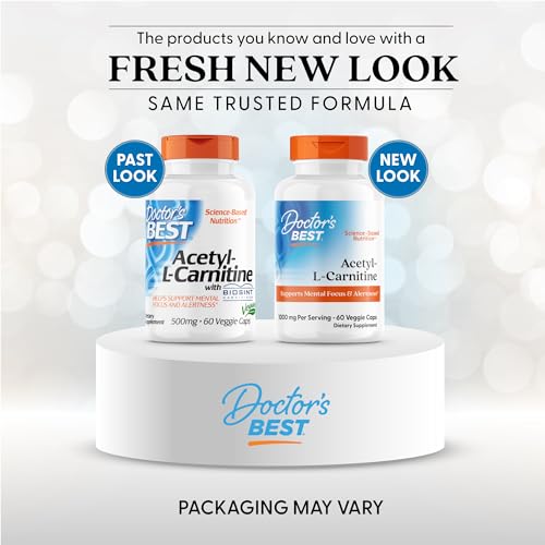 Etiqueta informativa de Doctor's Best acetil-L-carnitina mostrando beneficios y opción vegana