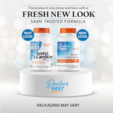 Etiqueta informativa de Doctor's Best acetil-L-carnitina mostrando beneficios y opción vegana