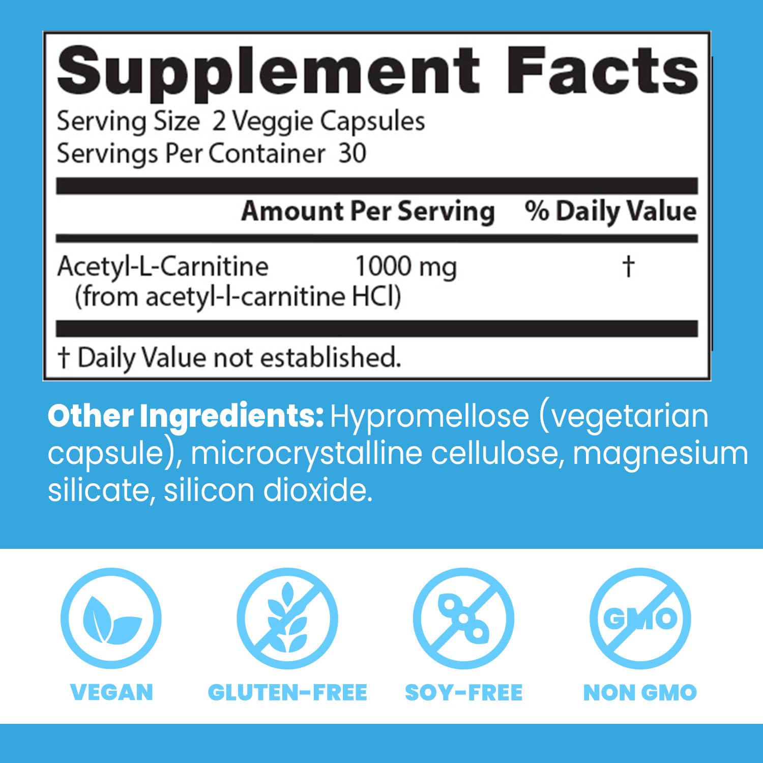 Tabla de ingredientes de Doctor's Best acetil-L-carnitina con opciones libres de gluten