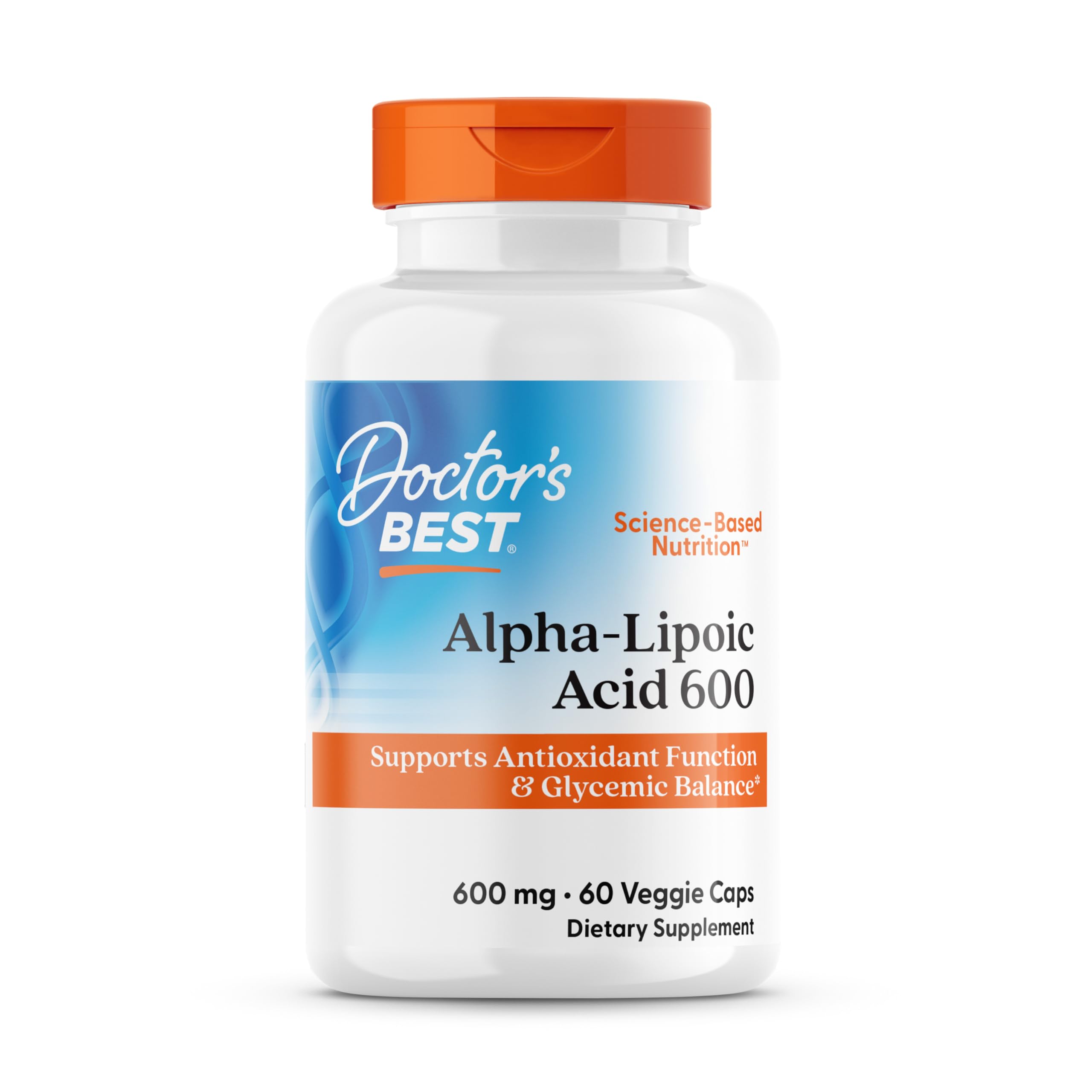 Botella de Doctor's Best ácido alfa-lipoico 600 mg para uso diario, apoyo antioxidante.