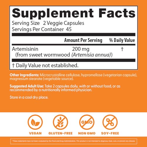 Instrucciones de dosificación en la etiqueta de Doctor's Best Artemisinina para uso seguro.