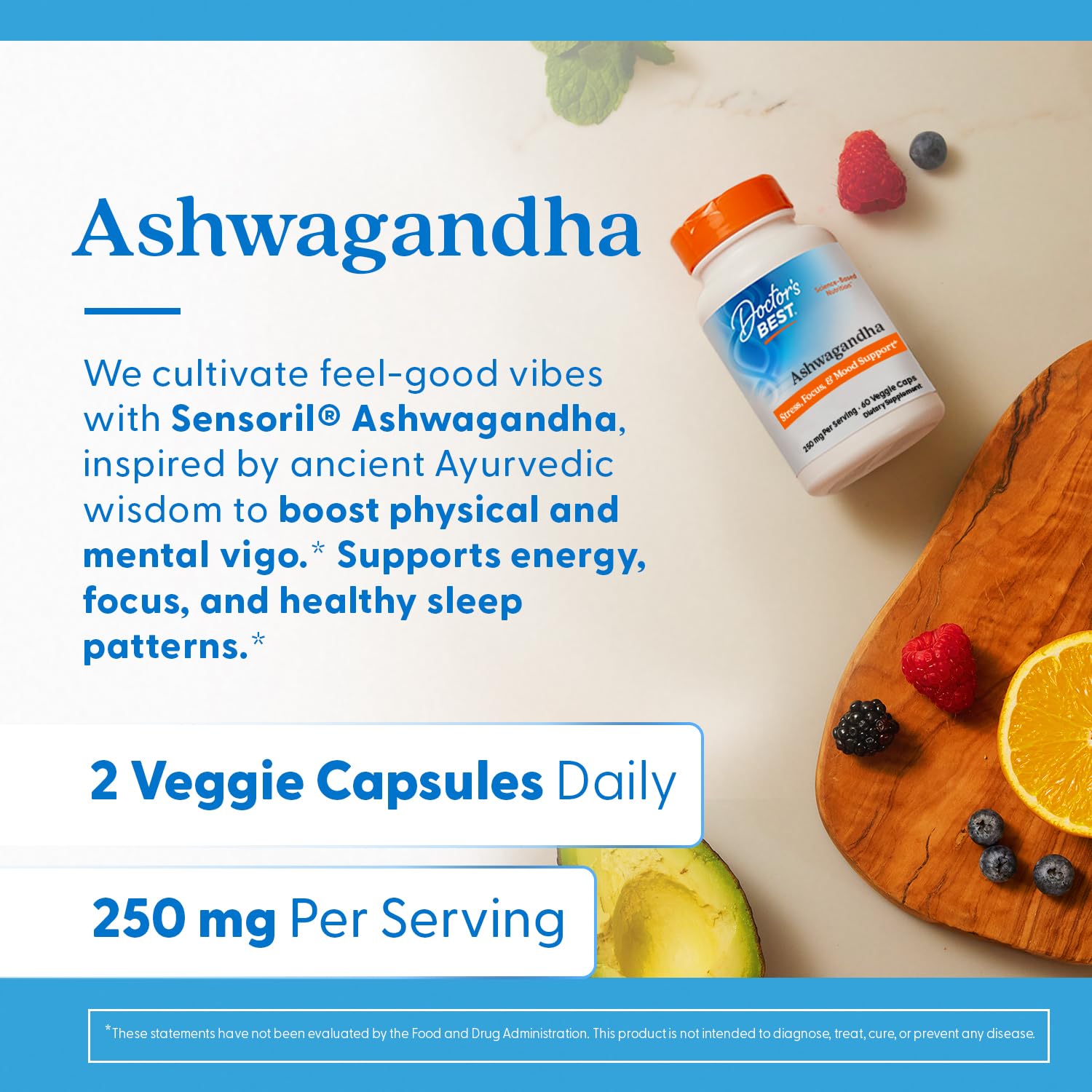 Doctor's Best Ashwagandha Sensoril mano sosteniendo cápsulas: fácil de incorporar