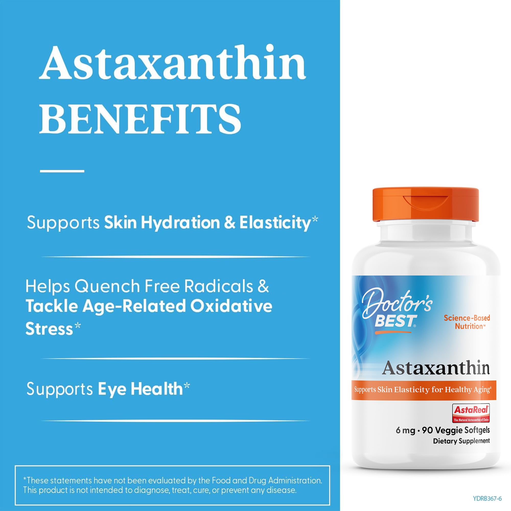 Doctor's BEST Astaxanthin: etiqueta visible que resalta origen natural de Haematococcus pluvialis.