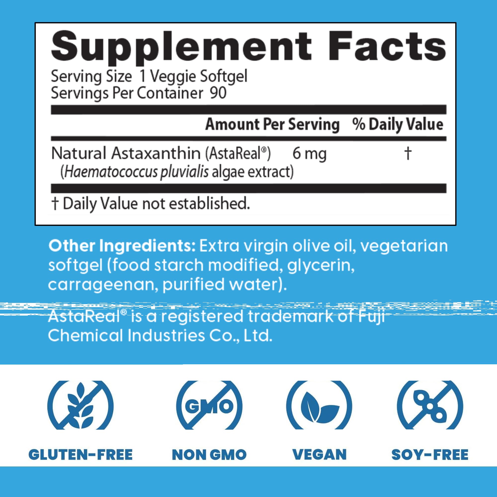 Doctor's BEST Astaxanthin: caja informativa resalta fórmula vegana y sin gluten.