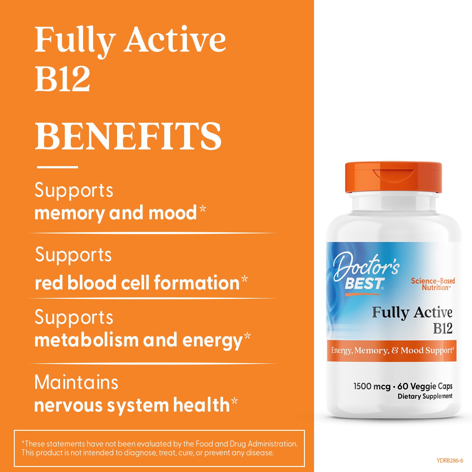 Empaque de caja de Doctor's Best B12 1500 mcg con información clara