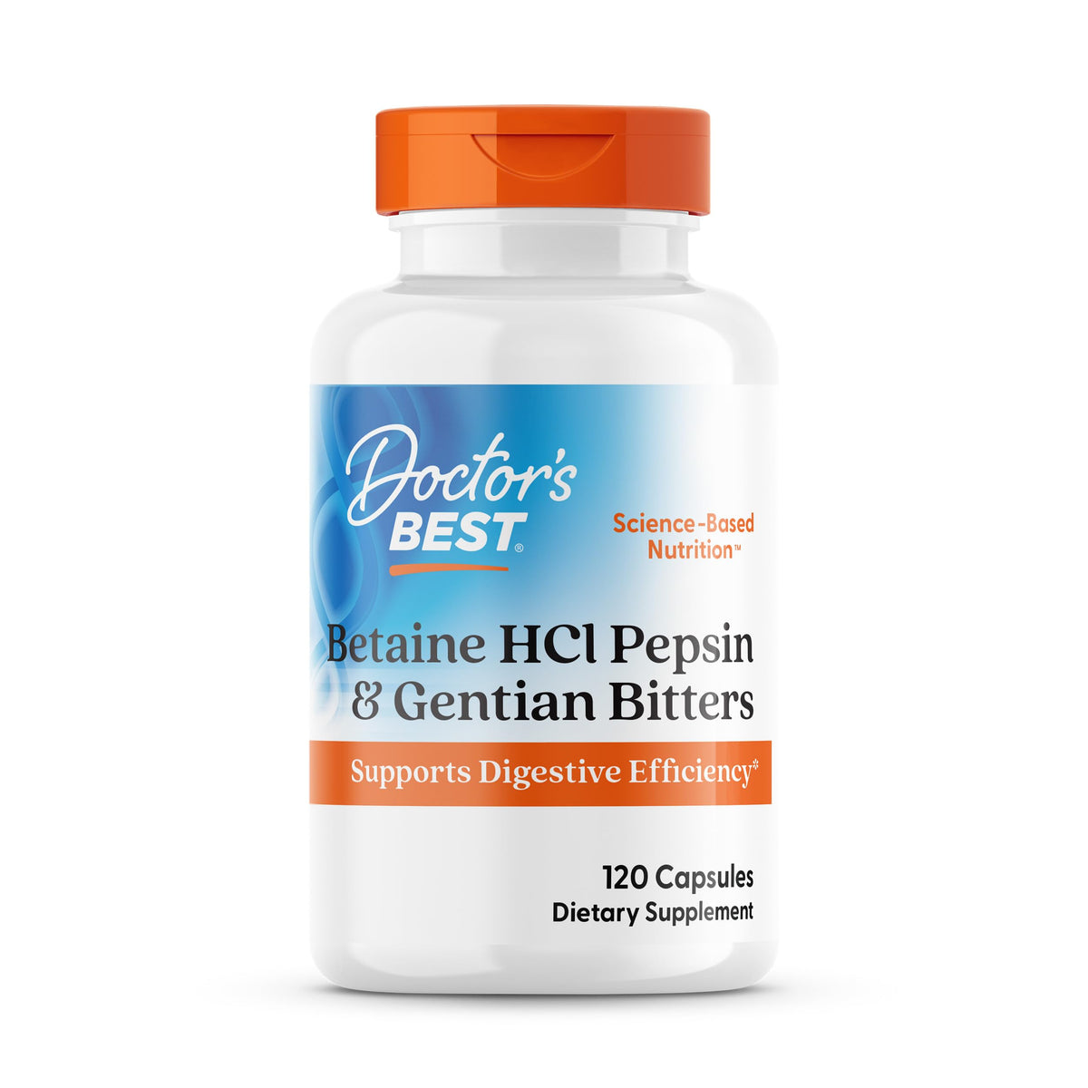 Doctor's Best Betaine HCl Pepsina Gentiana: botella para uso diario de soporte digestivo
