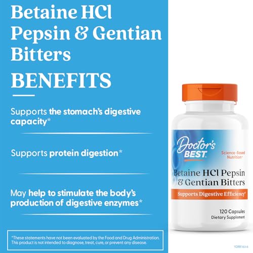 Doctor's Best Betaine HCl Pepsina Gentiana: etiqueta clara con ingredientes clave