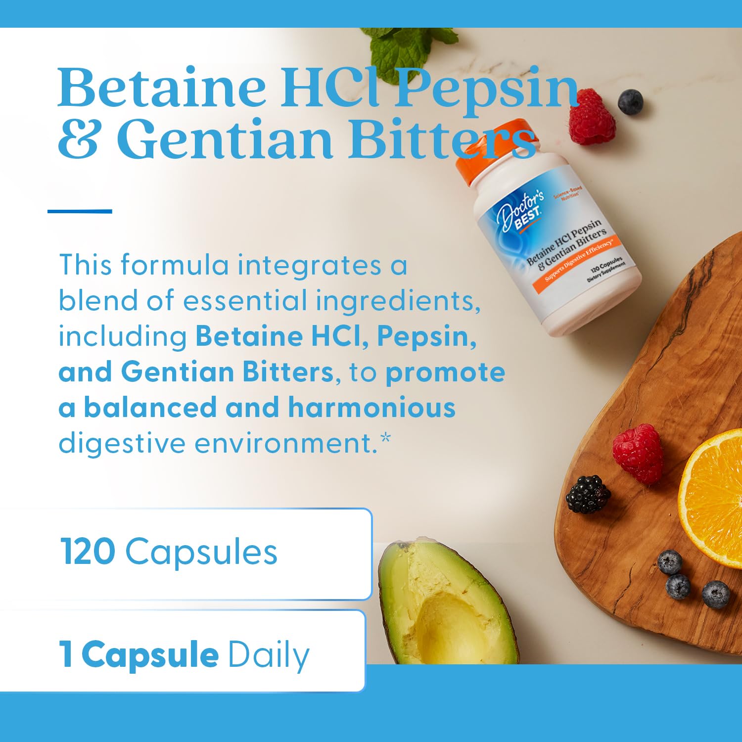 Doctor's Best Betaine HCl Pepsina Gentiana: uso con comida para mejor digestión