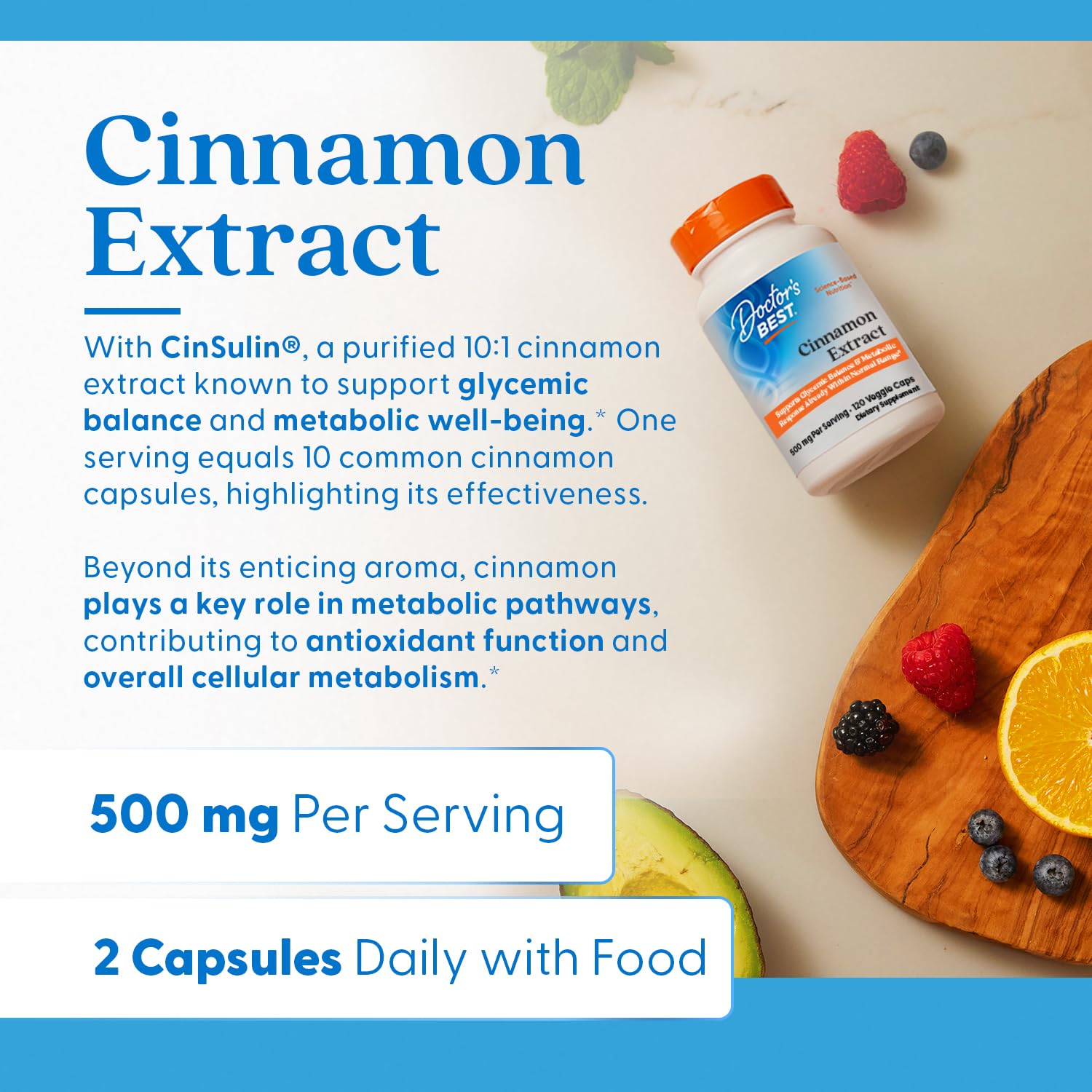 Etiqueta de Doctor's BEST Canela CinSulin con información de ingredientes y posibles beneficios.