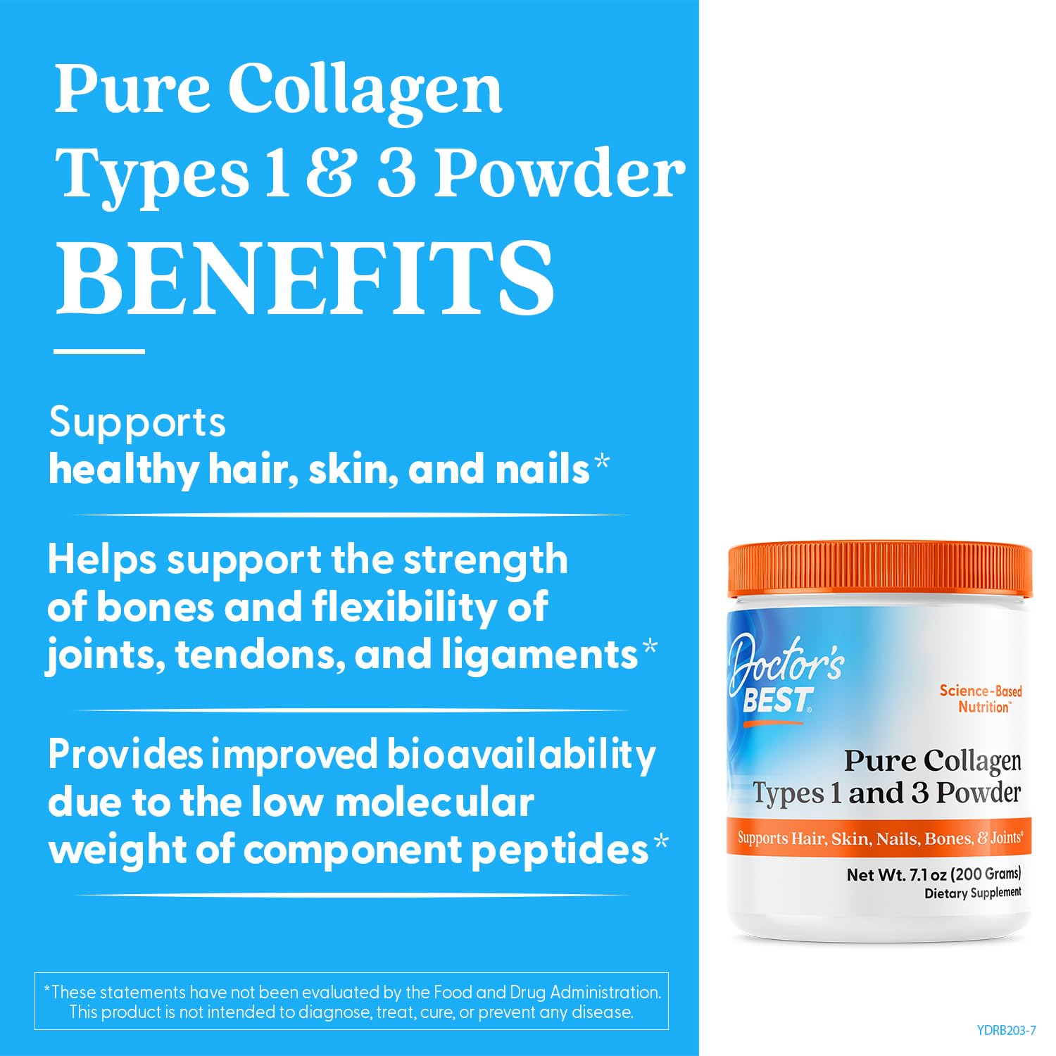 Doctor's Best Colágeno Tipos 1 y 3: etiqueta frontal con info de uso y beneficios.
